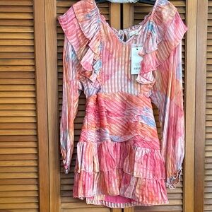 LoveShackFancy Pink Multi Ruffled Mini Dress